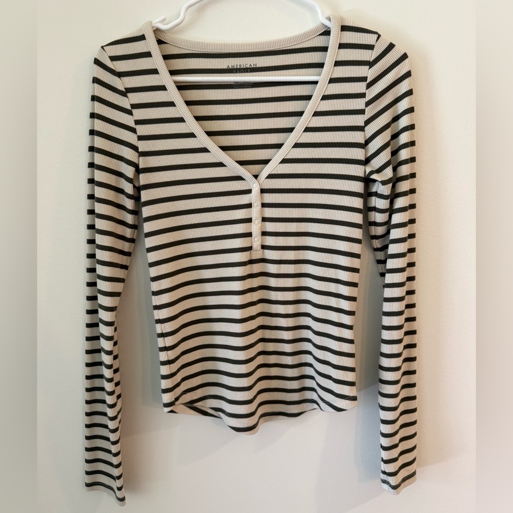 American Eagle Outfitters Olive Green and White Striped Ribbed Henley